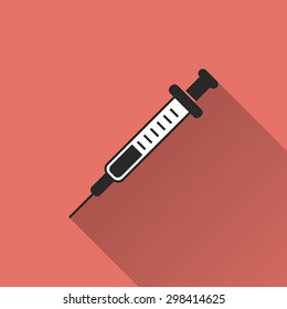 Syringe icon with a long shadow on a red background. Vector illustration.