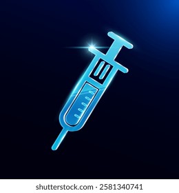 Syringe icon model 3d. Form translucent shiny glass or acrylic modern on blue background. For design medical science advertising media. Vector EPS10.