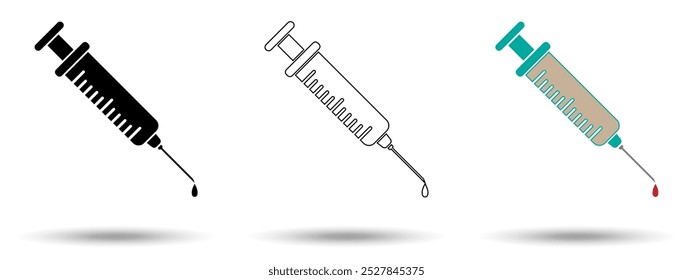 Ícone da seringa. Ícone de seringa sobre fundo branco, isolado. O ícone tem três usos em aplicativos e sites. Ilustração vetorial. Ícone da seringa sobre fundo branco.