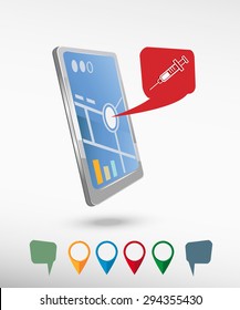 Syringe icon and perspective smartphone vector realistic. Set of bright map pointers for printing, website, presentation element and application mockup. 