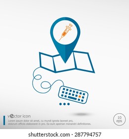 Syringe icon and pin on the map. Line icons for application development, creative process. 