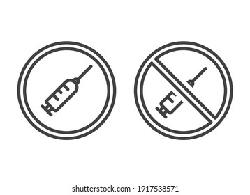 Syringe icon in a round frame. Image of permission and prohibition of injections. Isolated vector on a pure white background.