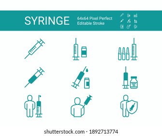 Syringe icon set. 64x64 Pixel Perfect. Editable Stroke.