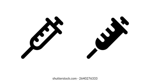 Syringe Icon Set. A black glyph and outline icon of a syringe, representing injections or vaccines.