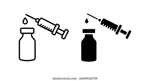Conjunto de ícones da seringa. Ilustração em linhagem limpa e minimalista de uma seringa para injeção com um frasco, representando os conceitos de vacinação, tratamento médico e saúde.