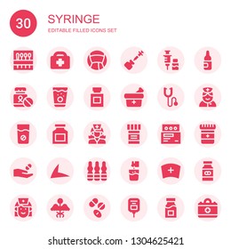 syringe icon set. Collection of 30 filled syringe icons included Needle, Healthcare, Medicine, Vaccine, Phonendoscope, Drug, Nurse, Live drive, Ampoule, Effervescent, Drugs, Saline