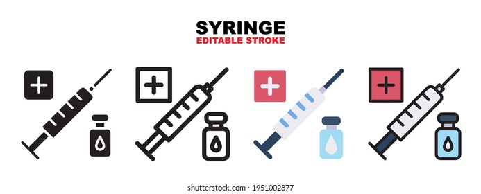 Syringe icon set with different styles. Icons designed in filled, outline, flat, glyph and line colored. Editable stroke and pixel perfect. Can be used for web, mobile, ui and more.