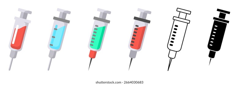 Conjunto de ícones da seringa - Ilustração plana do vetor no fundo branco. Conjunto de símbolos de injeção médica adequado para temas de saúde, vacinação, hospital, clínica, farmácia e equipamentos médicos.