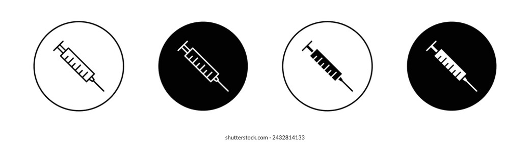 Syringe Icon Set. Inject needle vaccine vector symbol in a black filled and outlined style. Precision Dose Sign.