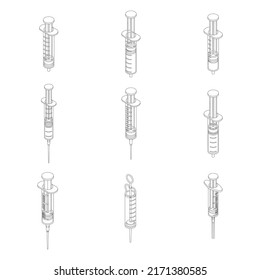 Syringe icon set. Isometric set of syringe vector icons outline isolated on white background