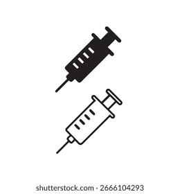 Spritzen-Symbol auf quadratischer Seite, flaches Symbol oben und Gliederungssymbol unten, schwarz-weiß, Vektorsymbol