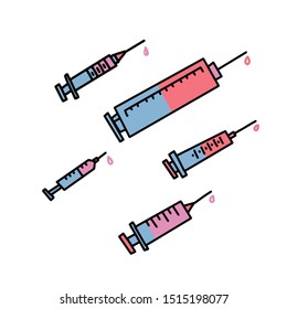 Syringe icon set . Vector color doodle illustration of a medical syringe. Hand drawn syringe for injections