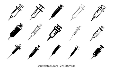 Syringe icon set in vector silhouette style showing medical, injection, and healthcare symbols for EPS templates and graphics.