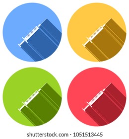 Syringe icon. Set of white icons with long shadow on blue, orange, green and red colored circles. Sticker style