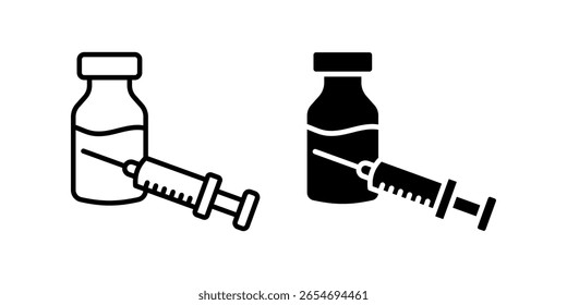 Conjunto de ícones da seringa. Uma linha de arte mínima e design sólido representa uma seringa com frasco. Ideal para projetos com temas médicos, de saúde ou farmacêuticos. Isolado no fundo branco.