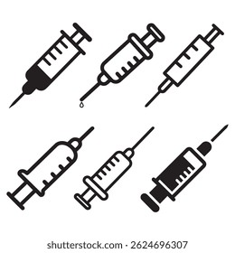 syringe icon silhouettes ideal for medical apps, vaccination campaigns, and healthcare branding. Includes flat, bold, and outline versions.
