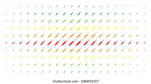 Syringe icon spectral halftone pattern. Vector syringe items are arranged into halftone grid with vertical rainbow colors gradient. Designed for backgrounds, covers, templates and abstract concepts.
