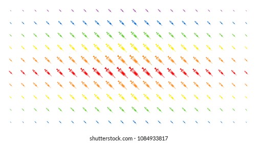 Syringe icon spectral halftone pattern. Vector syringe shapes are arranged into halftone grid with vertical spectral gradient. Designed for backgrounds, covers, templates and abstraction compositions.