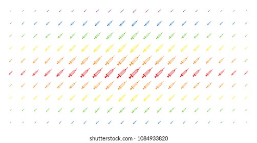 Syringe icon spectrum halftone pattern. Vector syringe shapes are organized into halftone array with vertical rainbow colors gradient. Designed for backgrounds, covers,