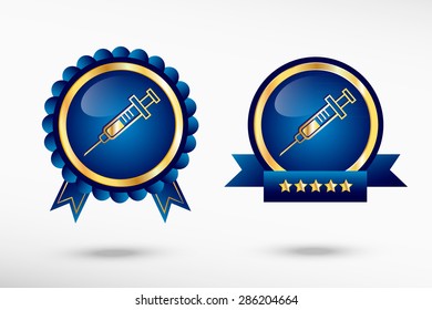 Syringe icon stylish quality guarantee badges. Blue colorful promotional labels
