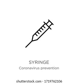 Syringe icon. Thin linear syringe outline icon isolated on white background from Coronavirus Prevention collection. Modern line vector sign, symbol, stroke for web and mobile