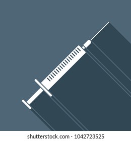Syringe icon. White flat icon with long shadow on background