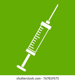 Syringe icon white isolated on green background. Vector illustration
