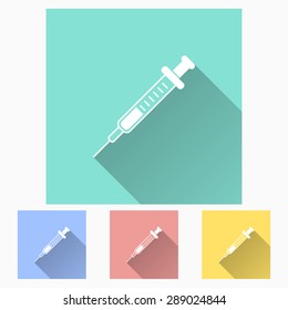 Syringe - icon is white with long shadow, flat design. Vector illustration.