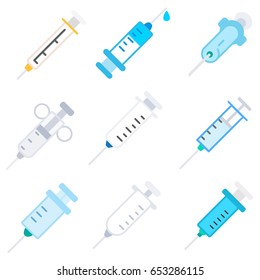 syringe icons set, flat design. Medical syringes of different forms, symbols collection.  isolated vector illustrations