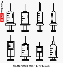 Conjunto de iconos de la jeringa, diseño de línea delgada. Jeringas médicas de diferentes formas, colección de símbolos lineales. ilustración vectorial aislada.
