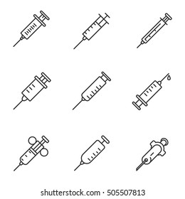 syringe icons set, thin line design. Medical syringes of different forms, linear symbols collection. isolated vector illustration.