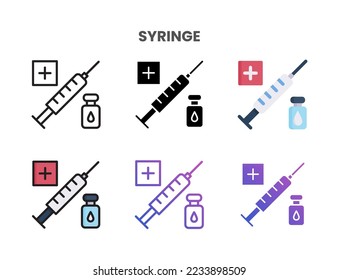 Syringe icons vector illustration set line, flat, glyph, line color gradient. Great for web, app, presentation and more.