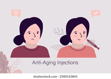 Syringe for injecting filler to face skin of woman. Plastic, aesthetic cosmetology beauty treatment concept. cosmetic procedure of injection anti-wrinkle. Anti aging injections. vector illustration
