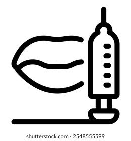 Seringa injetando enchimento em lábios, aumentando a beleza através de procedimentos cosméticos, aumento do lábio e conceito de tratamento de beleza