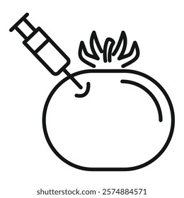 Syringe injecting gmo liquid in a tomato icon, outline style
