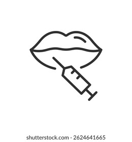 Syringe injecting lips, linear icon. Lip filler and cosmetic procedure. Line with editable stroke.