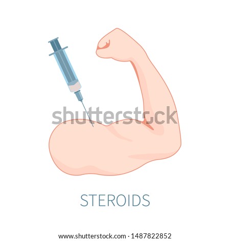 Syringe injecting testosterone steroids, growth booster supplements into bodybuilder’s strong muscular arm. Sportsman taking doping and anabolics. Sport and fitness concept.Vector cartoon illustration