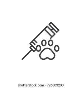 Syringe with injection for an animal line icon, outline vector sign, linear style pictogram isolated on white. Symbol, logo illustration. Editable stroke