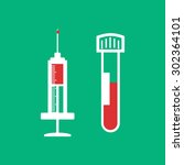 Syringe injection and blood test tube green flat icon 