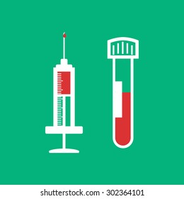 Syringe Injection And Blood Test Tube Green Flat Icon 