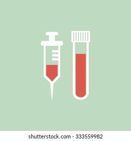Syringe injection and blood test tube green flat icon
