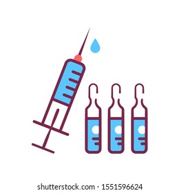 Syringe for injection with blue liquid color line icon. Anti-aging procedure concept. Pictogram for web, mobile app, promo. UI/UX design element. Editable stroke.