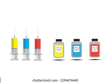 Syringe for injection with blue,red and yellow vaccine  vial of medicine. Vector illustration EPS 10. 