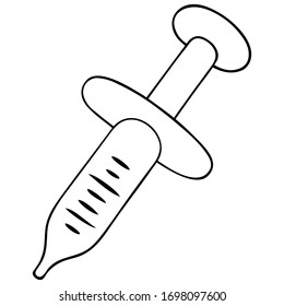 Syringe for injection, diagnostic puncture, vaccination. Medical instrument. Vector illustration. Outline on an isolated background. Health topic. Doodle style. Sketch. Patient treatment. Medication.