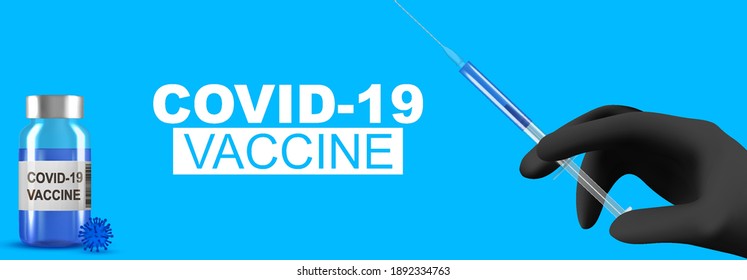 Syringe injection. Doctor hand in medical glove hold test tube or bottle for protection flu virus and coronavirus. Covid vaccine isolated on blue. Botox injection syringe therapy