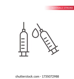 Syringe or injection with drop simple thin line vector icon. Editable stroke.