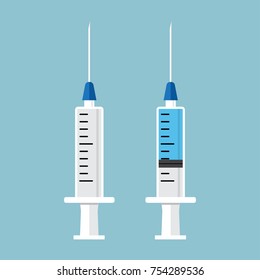 Seringa vazia para injecção e seringa com vacina azul. Ilustração vetorial