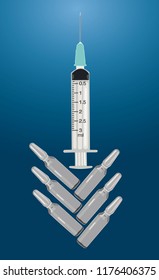 A syringe for injection . Glass vials for vaccination. Hospital. The concept of medical care. Vector