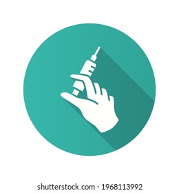 Syringe Injection in hand icon. Simple illustration with long shadow isolated for graphic and web design.