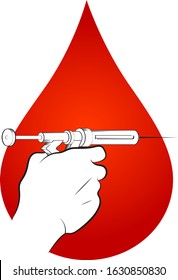 Syringe with injection in hand on a background of a red drop of blood silhouette